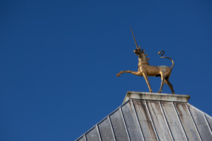 M Shed graphic: Place gallery, digital image of unicorn on Council House